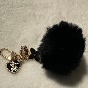 Black Fur Pom Pom Keychain with bear, heart and flower
